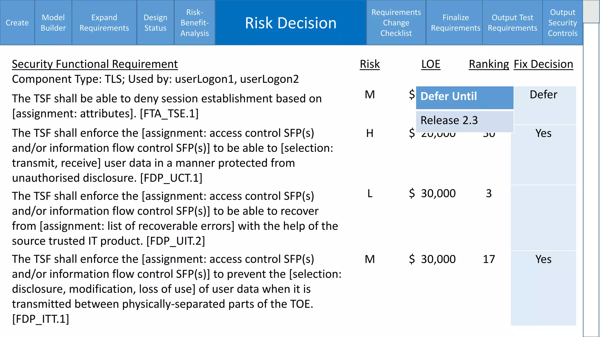 Create
Model
Builder
Expand
Requirements
Design
Status
Risk-
Benefit-
Analysis
Risk Decision
Requirements
Change
Checklist
Finalize
Requirements
Output Test
Requirements
Output
Security
Controls
42
Security Functional Requirement
Component Type: TLS; Used by: userLogon1, userLogon2
Risk LOE Ranking Fix Decision
The TSF shall be able to deny session establishment based on
[assignment: attributes]. [FTA_TSE.1]
M $ 50,000 10 Defer
The TSF shall enforce the [assignment: access control SFP(s)
and/or information flow control SFP(s)] to be able to [selection:
transmit, receive] user data in a manner protected from
unauthorised disclosure. [FDP_UCT.1]
H $ 20,000 50 Yes
The TSF shall enforce the [assignment: access control SFP(s)
and/or information flow control SFP(s)] to be able to recover
from [assignment: list of recoverable errors] with the help of the
source trusted IT product. [FDP_UIT.2]
L $ 30,000 3
The TSF shall enforce the [assignment: access control SFP(s)
and/or information flow control SFP(s)] to prevent the [selection:
disclosure, modification, loss of use] of user data when it is
transmitted between physically-separated parts of the TOE.
[FDP_ITT.1]
M $ 30,000 17 Yes
Defer Until
Release 2.3
 