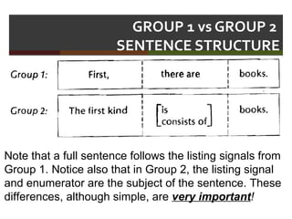 GROUP 1 vs GROUP 2  SENTENCE STRUCTURE Note that a full sentence follows the listing signals from Group 1. Notice also that in Group 2, the listing signal and enumerator are the subject of the sentence. These differences, although simple, are  very important ! 