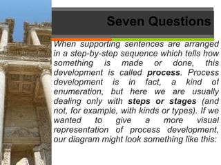 Seven Questions When supporting sentences are arranged in a step-by-step sequence which tells how something is made or done, this development is called  process . Process development is in fact, a kind of enumeration, but here we are usually dealing only with  steps or stages  (and not, for example, with kinds or types). If we wanted to give a more visual representation of process development, our diagram might look something like this: 