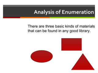 Analysis of Enumeration There are three basic kinds of materials that can be found in any good library. 