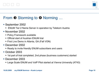 From     Storming to     Norming … September 2002 ENUM Tier 2 Name Server in operation by Telekom Austria November 2002  Policy Framework available Official start of Austrian ENUM trial First Live Demo in Atlanta, GA (Fall VON) December 2002  Ready to invite friendly ENUM subscribers and users October 2003  1st part of trial completed, 2nd phase (business customers) started December 2003  Large Scale ENUM and VoIP Pilot started at Vienna University (AT43) Page    19.05.2009 .my ENUM Seminar – Kuala Lumpur 
