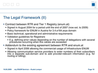 The Legal Framework (II) Contract between RTR and Tier 1 Registry (enum.at) Signed in August 2004 for a period until the end of 2007 (now ext. to 2009)  Policy framework for ENUM in Austria for 3.4.e164.arpa domain Basic technical, operational and administrative requirements Validation guidelines for Registrars E.g. defining error values depending on the number of delegations with several procedures occurring when this values are exceeded Addendum to the existing agreement between RTR and enum.at Signed in April 2006 allowing the commercial usage of Infrastructure ENUM Allowing communication service providers to enter numbers of their subscribers into a separate sub-domain and to add provider-relevant information (e.g. for routing or billing). Page    19.05.2009 .my ENUM Seminar – Kuala Lumpur 