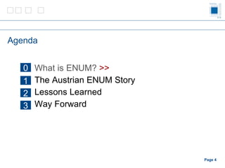 Agenda What is ENUM?  >> The Austrian ENUM Story Lessons Learned Way Forward Page    1 2 3 0 