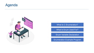 Agenda
What Is C Enumeration?
What Is Enum Used For?
Enum Variable Declaration
Enumeration Example Program
 