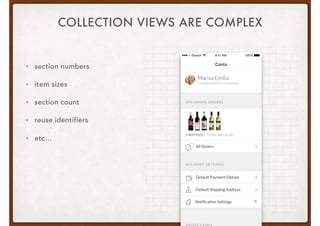 COLLECTION VIEWS ARE COMPLEX
• section numbers
• item sizes
• section count
• reuse identifiers
• etc…
 