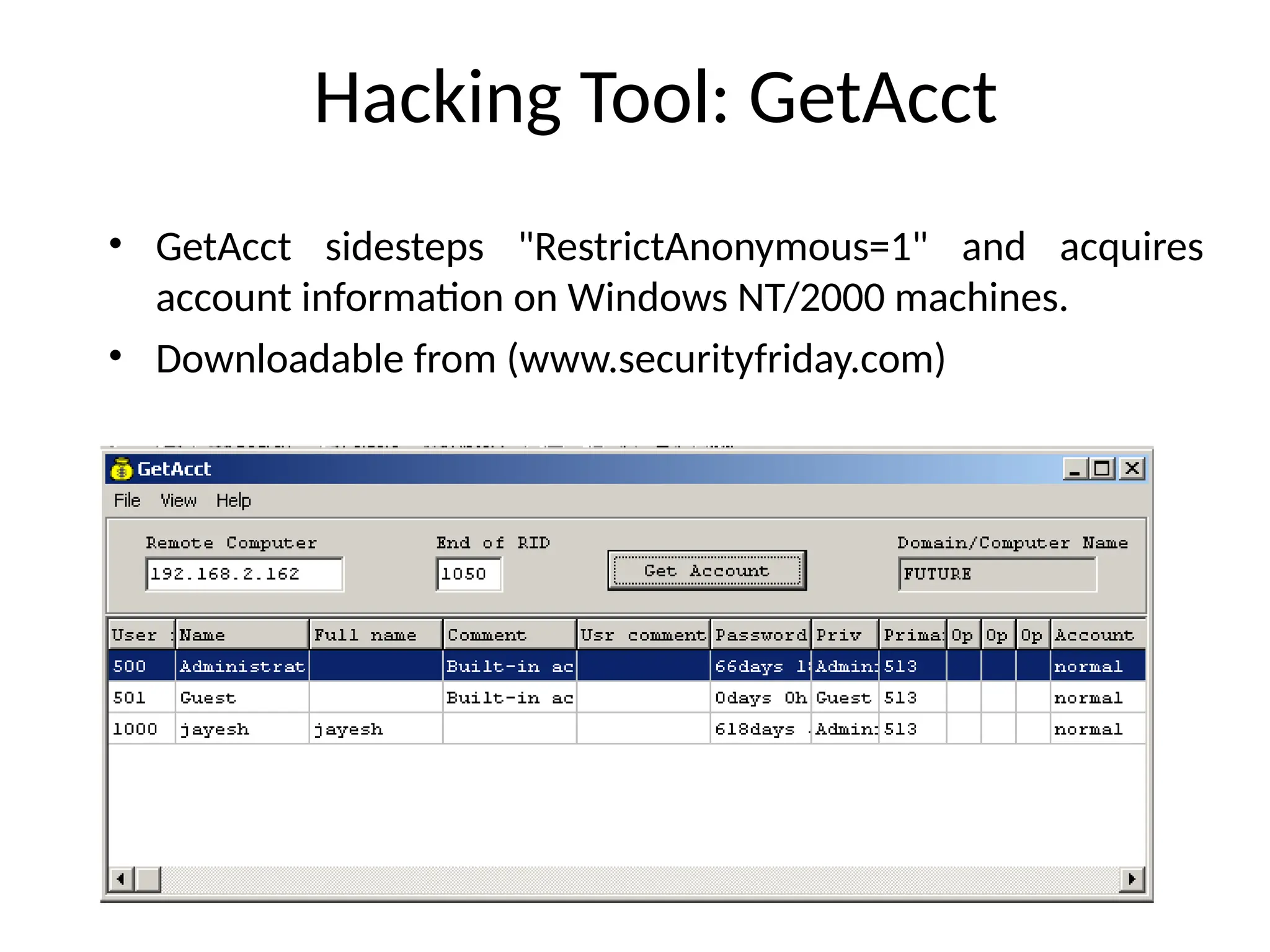 Hacking Tool: GetAcct
• GetAcct sidesteps "RestrictAnonymous=1" and acquires
account information on Windows NT/2000 machines.
• Downloadable from (www.securityfriday.com)
 