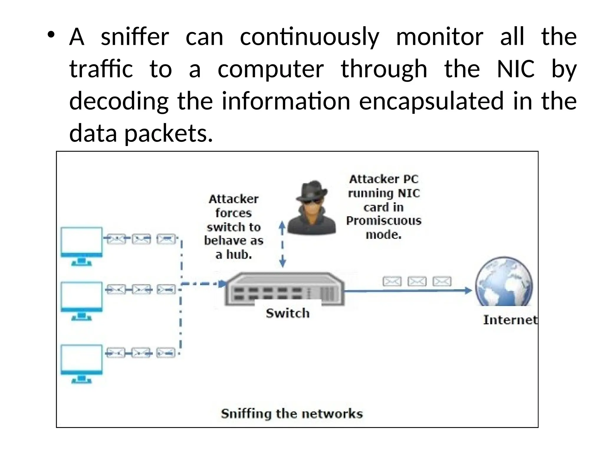 • A sniffer can continuously monitor all the
traffic to a computer through the NIC by
decoding the information encapsulated in the
data packets.
 