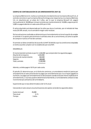 EJEMPLO DE CONTABILIZACION DE LOS ARRENDAMIENTOS (NIIF 16)
La empresaMolineraS.A.realizouncontratode arrendamiento conlaempresaRenaultS.A.,el
contrato consiste en que la empresaRenaultentregaunas maquinariasa la empresaMolinera
S.A. en alquileres por un plazo de 3 años, por lo que la empresa Renault S.A. pagará
mensualmente S/.60,000que incluyenservicios pormantenimientoS/.10,000 y segurosporS/.
5,000 se pagará además en cada cuota 18 % por el IGV.
El activo alquilado será depreciado por los años que dura el contrato, por el método de línea
recta (33.33% anual), no se consideró ningún valor residual.
De lasevaluacionesrealizadasse determinóque elarrendamientonotienelaopciónde ampliar
el contrato ni la opción para terminar el contrato antes de su vencimiento, así como la opción
de comprar el activo al final del contrato.
El contrato se debe contabilizarde acuerdoalaNIIF16 debidoaque lascondicionesestipuladas
en dicho acuerdo cumplen con lo establecido por esta NIIF.
DESARROLLO:
El montototal del contrato espor S/.2,160,000 que comprendenlossiguientespagos:
Alquilerde lamaquina 1,620,000
Serviciosde mantenimiento 360,000
Seguros 180,000
Total,contrato 2,160,000
=========
Además,se debe pagarel 18 % por cada cuota.
El párrafo 22 determina que, en la fecha de comienzo, un arrendatario medirá el pasivo por
arrendamiento al valor presente de los pagos por arrendamiento que no se hayan pagado en
esafecha.Lospagos porarrendamientose descontaránusandolatasade interésimplícitaenel
arrendamiento,si esa tasa pudiera determinarse fácilmente,el arrendamiento utilizara la tasa
incremental por préstamos del arrendatario.
Suponiendo que la tasa determinada es del 11 % anual
Calculandoel valoractual y lasamortizacionesde capital,teniendolossiguientesdatos:
Cuota mensual 45,000
Tasa anual 11 %
Tiempo 3 años
 
