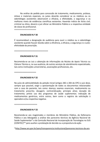 Na análise de pedido para concessão de tratamento, medicamento, prótese,
órtese e materiais especiais, os juízes deverão considerar se os médicos ou os
odontólogos assistentes observaram a eficácia, a efetividade, a segurança e os
melhores níveis de evidências científicas existentes. Havendo indício de ilícito civil,
criminal ou ético, deverá o juiz oficiar ao Ministério Público e a respectiva entidade
de classe do profissional.
====================
ENUNCIADO N.º 30
É recomendável a designação de audiência para ouvir o médico ou o odontólogo
assistente quando houver dúvida sobre a eficiência, a eficácia, a segurança e o custo-
efetividade da prescrição.
===============================
ENUNCIADO N.º 31
Recomenda-se ao Juiz a obtenção de informações do Núcleo de Apoio Técnico ou
Câmara Técnica e, na sua ausência, de outros serviços de atendimento especializado,
tais como instituições universitárias, associações profissionais, etc.
====================
ENUNCIADO N.º 32
No juízo de admissibilidade da petição inicial (artigos 282 e 283 do CPC) o juiz deve,
sempre que possível, exigir a apresentação de todos os documentos relacionados
com o caso do paciente, tais como: doença; exames essenciais, medicamento ou
tratamento prescrito; dosagem; contraindicação; princípio ativo; duração do
tratamento; prévio uso dos programas de saúde suplementar; indicação de
medicamentos genéricos, entre outros, bem como o registro da solicitação à
operadora e/ou respectiva negativa.
=====================
ENUNCIADO N.º 33
Recomenda-se aos magistrados e membros do Ministério Público, da Defensoria
Pública e aos Advogados a análise dos pareceres técnicos da Agência Nacional de
Saúde Suplementar* e da Comissão Nacional de Incorporação de Tecnologias no SUS
(CONITEC)** para auxiliar a prolatação de decisão ou a propositura da ação.
*http://www.ans.gov.br/aans/transparencia-institucional/pareceres-tecnicos-da-ans
 
