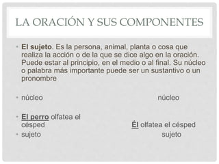 LA ORACIÓN Y SUS COMPONENTES
• El sujeto. Es la persona, animal, planta o cosa que
realiza la acción o de la que se dice algo en la oración.
Puede estar al principio, en el medio o al final. Su núcleo
o palabra más importante puede ser un sustantivo o un
pronombre
• núcleo núcleo
• El perro olfatea el
césped Él olfatea el césped
• sujeto sujeto
 