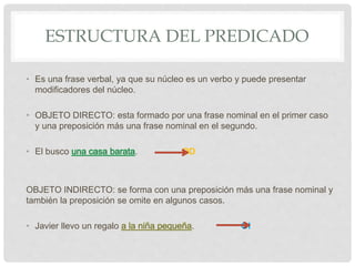 ESTRUCTURA DEL PREDICADO
• Es una frase verbal, ya que su núcleo es un verbo y puede presentar
modificadores del núcleo.
• OBJETO DIRECTO: esta formado por una frase nominal en el primer caso
y una preposición más una frase nominal en el segundo.
• El busco . OD
OBJETO INDIRECTO: se forma con una preposición más una frase nominal y
también la preposición se omite en algunos casos.
• Javier llevo un regalo . OI
 