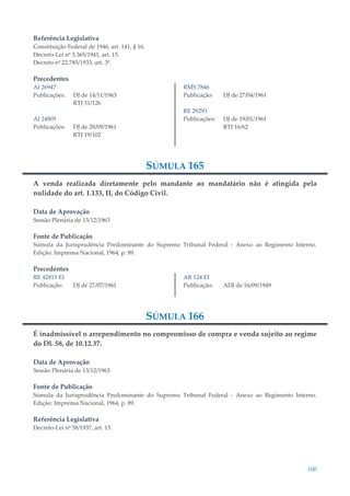 100
Referência Legislativa
Constituição Federal de 1946, art. 141, § 16.
Decreto-Lei nº 3.365/1941, art. 15.
Decreto nº 22.785/1933, art. 3º.
Precedentes
AI 26947
Publicações: DJ de 14/11/1963
RTJ 31/126
AI 24805
Publicações: DJ de 28/09/1961
RTJ 19/102
RMS 7846
Publicação: DJ de 27/04/1961
RE 29293
Publicações: DJ de 19/01/1961
RTJ 16/62
SÚMULA 165
A venda realizada diretamente pelo mandante ao mandatário não é atingida pela
nulidade do art. 1.133, II, do Código Civil.
Data de Aprovação
Sessão Plenária de 13/12/1963
Fonte de Publicação
Súmula da Jurisprudência Predominante do Supremo Tribunal Federal - Anexo ao Regimento Interno.
Edição: Imprensa Nacional, 1964, p. 89.
Precedentes
RE 42815 EI
Publicação: DJ de 27/07/1961
AR 124 EI
Publicação: ADJ de 16/09/1949
SÚMULA 166
É inadmissível o arrependimento no compromisso de compra e venda sujeito ao regime
do Dl. 58, de 10.12.37.
Data de Aprovação
Sessão Plenária de 13/12/1963
Fonte de Publicação
Súmula da Jurisprudência Predominante do Supremo Tribunal Federal - Anexo ao Regimento Interno.
Edição: Imprensa Nacional, 1964, p. 89.
Referência Legislativa
Decreto-Lei nº 58/1937, art. 15.
 