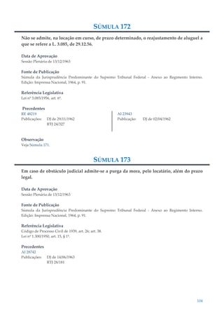 104
SÚMULA 172
Não se admite, na locação em curso, de prazo determinado, o reajustamento de aluguel a
que se refere a L. 3.085, de 29.12.56.
Data de Aprovação
Sessão Plenária de 13/12/1963
Fonte de Publicação
Súmula da Jurisprudência Predominante do Supremo Tribunal Federal - Anexo ao Regimento Interno.
Edição: Imprensa Nacional, 1964, p. 91.
Referência Legislativa
Lei nº 3.085/1956, art. 6º.
Precedentes
RE 48219
Publicações: DJ de 29/11/1962
RTJ 24/327
AI 23943
Publicação: DJ de 02/04/1962
Observação
Veja Súmula 171.
SÚMULA 173
Em caso de obstáculo judicial admite-se a purga da mora, pelo locatário, além do prazo
legal.
Data de Aprovação
Sessão Plenária de 13/12/1963
Fonte de Publicação
Súmula da Jurisprudência Predominante do Supremo Tribunal Federal - Anexo ao Regimento Interno.
Edição: Imprensa Nacional, 1964, p. 91.
Referência Legislativa
Código de Processo Civil de 1939, art. 26; art. 38.
Lei nº 1.300/1950, art. 15, § 1º.
Precedentes
AI 28742
Publicações: DJ de 14/06/1963
RTJ 28/181
 