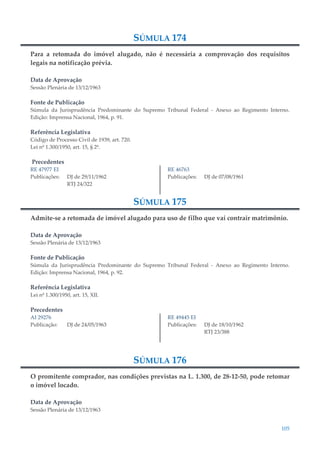 105
SÚMULA 174
Para a retomada do imóvel alugado, não é necessária a comprovação dos requisitos
legais na notificação prévia.
Data de Aprovação
Sessão Plenária de 13/12/1963
Fonte de Publicação
Súmula da Jurisprudência Predominante do Supremo Tribunal Federal - Anexo ao Regimento Interno.
Edição: Imprensa Nacional, 1964, p. 91.
Referência Legislativa
Código de Processo Civil de 1939, art. 720.
Lei nº 1.300/1950, art. 15, § 2º.
Precedentes
RE 47977 EI
Publicações: DJ de 29/11/1962
RTJ 24/322
RE 46763
Publicações: DJ de 07/08/1961
SÚMULA 175
Admite-se a retomada de imóvel alugado para uso de filho que vai contrair matrimônio.
Data de Aprovação
Sessão Plenária de 13/12/1963
Fonte de Publicação
Súmula da Jurisprudência Predominante do Supremo Tribunal Federal - Anexo ao Regimento Interno.
Edição: Imprensa Nacional, 1964, p. 92.
Referência Legislativa
Lei nº 1.300/1950, art. 15, XII.
Precedentes
AI 29276
Publicação: DJ de 24/05/1963
RE 49445 EI
Publicações: DJ de 18/10/1962
RTJ 23/388
SÚMULA 176
O promitente comprador, nas condições previstas na L. 1.300, de 28-12-50, pode retomar
o imóvel locado.
Data de Aprovação
Sessão Plenária de 13/12/1963
 