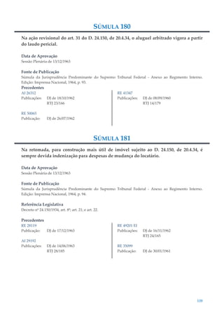 108
SÚMULA 180
Na ação revisional do art. 31 do D. 24.150, de 20.4.34, o aluguel arbitrado vigora a partir
do laudo pericial.
Data de Aprovação
Sessão Plenária de 13/12/1963
Fonte de Publicação
Súmula da Jurisprudência Predominante do Supremo Tribunal Federal - Anexo ao Regimento Interno.
Edição: Imprensa Nacional, 1964, p. 93.
Precedentes
AI 26312
Publicações: DJ de 18/10/1962
RTJ 23/166
RE 50065
Publicação: DJ de 26/07/1962
RE 41347
Publicações: DJ de 08/09/1960
RTJ 14/179
SÚMULA 181
Na retomada, para construção mais útil de imóvel sujeito ao D. 24.150, de 20.4.34, é
sempre devida indenização para despesas de mudança do locatário.
Data de Aprovação
Sessão Plenária de 13/12/1963
Fonte de Publicação
Súmula da Jurisprudência Predominante do Supremo Tribunal Federal - Anexo ao Regimento Interno.
Edição: Imprensa Nacional, 1964, p. 94.
Referência Legislativa
Decreto nº 24.150/1934, art. 8º; art. 21; e art. 22.
Precedentes
RE 28119
Publicação: DJ de 17/12/1963
AI 29192
Publicações: DJ de 14/06/1963
RTJ 28/185
RE 49201 EI
Publicações: DJ de 16/11/1962
RTJ 24/165
RE 35099
Publicação: DJ de 30/01/1961
 