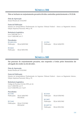 110
SÚMULA 184
Não se incluem no reajustamento pecuário dívidas contraídas posteriormente a 19.12.46.
Data de Aprovação
Sessão Plenária de 13/12/1963
Fonte de Publicação
Súmula da Jurisprudência Predominante do Supremo Tribunal Federal - Anexo ao Regimento Interno.
Edição: Imprensa Nacional, 1964, p. 95.
Referência Legislativa
Lei nº 209/1948, art. 1º.
Lei nº 1.002/1949, art. 1º.
Precedentes
RE 46816 EDv
Publicação: DJ de 06/09/1962
RE 46662
Publicação: DJ de 30/01/1961
AI 15561
Publicação: DJ de 16/04/1953
SÚMULA 185
Em processo de reajustamento pecuário, não responde a União pelos honorários do
advogado do credor ou do devedor.
Data de Aprovação
Sessão Plenária de 13/12/1963
Fonte de Publicação
Súmula da Jurisprudência Predominante do Supremo Tribunal Federal - Anexo ao Regimento Interno.
Edição: Imprensa Nacional, 1964, p. 95.
Referência Legislativa
Código de Processo Civil de 1939, art. 64.
Lei nº 1.002/1949, art. 5º.
Lei nº 2.282/1954, art. 1º, § 2º.
Precedentes
RE 51985
Publicações: DJ de 14/06/1963
RTJ 28/232
RE 51640
Publicações: DJ de 17/12/1962
RTJ 26/218
RE 49109
Publicação: DJ de 01/06/1962
RE 39857
Publicação: DJ de 18/01/1962
RE 40077 EI
Publicação: DJ de 25/01/1961
 