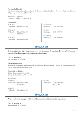 112
Fonte de Publicação
Súmula da Jurisprudência Predominante do Supremo Tribunal Federal - Anexo ao Regimento Interno.
Edição: Imprensa Nacional, 1964, p. 96.
Referência Legislativa
Decreto nº 2.681/1912, art. 17; e art. 19.
Precedentes
RE 52712 EI
Publicação: DJ de 17/12/1963
RE 33144 EI
Publicações: DJ de 07/11/1963
RTJ 31/76
RE 36265 EI
Publicação: DJ de 05/09/1963
RE 49149 EI
Publicação: DJ de 20/09/1962
RE 45426
Publicação: DJ de 28/09/1961
RE 42979 EI
Publicação: DJ de 02/06/1961
SÚMULA 188
O segurador tem ação regressiva contra o causador do dano, pelo que efetivamente
pagou, até ao limite previsto no contrato de seguro.
Data de Aprovação
Sessão Plenária de 13/12/1963
Fonte de Publicação
Súmula da Jurisprudência Predominante do Supremo Tribunal Federal - Anexo ao Regimento Interno.
Edição: Imprensa Nacional, 1964, p. 96.
Referência Legislativa
Código Comercial de 1850, art. 728.
Código Civil de 1916, art. 988; e art. 989.
Precedentes
RE 26989 EI
Publicações: DJ de 17/12/1963
RTJ 31/385
RE 48459
Publicação: DJ de 26/10/1961
RE 40747
Publicações: DJ de 16/01/1960
RTJ 12/118
SÚMULA 189
Avais em branco e superpostos consideram-se simultâneos e não sucessivos.
Data de Aprovação
Sessão Plenária de 13/12/1963
 