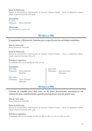 115
Fonte de Publicação
Súmula da Jurisprudência Predominante do Supremo Tribunal Federal - Anexo ao Regimento Interno.
Edição: Imprensa Nacional, 1964, p. 98.
Precedentes
RE 27550
Publicação: DJ de 11/08/1961
Observação
Veja Súmula 417 e Súmula 495.
SÚMULA 194
É competente o Ministro do Trabalho para a especificação das atividades insalubres.
Data de Aprovação
Sessão Plenária de 13/12/1963
Fonte de Publicação
Súmula da Jurisprudência Predominante do Supremo Tribunal Federal - Anexo ao Regimento Interno.
Edição: Imprensa Nacional, 1964, p. 98.
Referência Legislativa
Consolidação das Leis do Trabalho de 1943, art. 187.
Precedentes
RMS 10489
Publicações: DJ de 03/04/1963
RTJ 27/96
RMS 10490
Publicações: DJ de 17/12/1962
RTJ 26/50
RMS 10488
Publicações: DJ de 06/12/1962
RTJ 24/419
SÚMULA 195
Contrato de trabalho para obra certa, ou de prazo determinado, transforma-se em
contrato de prazo indeterminado, quando prorrogado por mais de quatro anos.
Data de Aprovação
Sessão Plenária de 13/12/1963
Fonte de Publicação
Súmula da Jurisprudência Predominante do Supremo Tribunal Federal - Anexo ao Regimento Interno.
Edição: Imprensa Nacional, 1964, p. 98.
Referência Legislativa
Consolidação das Leis do Trabalho de 1943, art. 443; art. 445; e art. 451; art. 452; e art. 492.
 