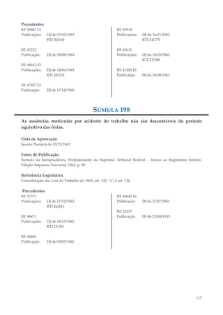 117
Precedentes
RE 50887 EI
Publicações: DJ de 03/10/1963
RTJ 30/160
RE 47222
Publicação: DJ de 29/08/1963
RE 48643 EI
Publicações: DJ de 14/06/1963
RTJ 28/210
RE 47407 EI
Publicação: DJ de 17/12/1962
RE 49934
Publicações: DJ de 16/11/1962
RTJ 24/175
RE 45612
Publicações: DJ de 18/10/1962
RTJ 23/288
RE 41200 EI
Publicação: DJ de 26/08/1961
SÚMULA 198
As ausências motivadas por acidente do trabalho não são descontáveis do período
aquisitivo das férias.
Data de Aprovação
Sessão Plenária de 13/12/1963
Fonte de Publicação
Súmula da Jurisprudência Predominante do Supremo Tribunal Federal - Anexo ao Regimento Interno.
Edição: Imprensa Nacional, 1964, p. 99.
Referência Legislativa
Consolidação das Leis do Trabalho de 1943, art. 132, "a"; e art. 134.
Precedentes
RE 51577
Publicações: DJ de 17/12/1962
RTJ 26/216
RE 48471
Publicações: DJ de 18/10/1962
RTJ 23/341
RE 48486
Publicação: DJ de 03/05/1962
RE 46640 EI
Publicação: DJ de 27/07/1961
RE 23217
Publicação: DJ de 25/08/1955
 