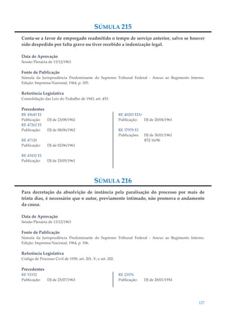 127
SÚMULA 215
Conta-se a favor de empregado readmitido o tempo de serviço anterior, salvo se houver
sido despedido por falta grave ou tiver recebido a indenização legal.
Data de Aprovação
Sessão Plenária de 13/12/1963
Fonte de Publicação
Súmula da Jurisprudência Predominante do Supremo Tribunal Federal - Anexo ao Regimento Interno.
Edição: Imprensa Nacional, 1964, p. 105.
Referência Legislativa
Consolidação das Leis do Trabalho de 1943, art. 453.
Precedentes
RE 45645 EI
Publicação: DJ de 23/08/1962
RE 47262 EI
Publicação: DJ de 08/06/1962
RE 47120
Publicação: DJ de 02/06/1961
RE 43432 EI
Publicação: DJ de 25/05/1961
RE 40203 EDv
Publicação: DJ de 20/04/1961
RE 37978 EI
Publicações: DJ de 30/01/1961
RTJ 16/96
SÚMULA 216
Para decretação da absolvição de instância pela paralisação do processo por mais de
trinta dias, é necessário que o autor, previamente intimado, não promova o andamento
da causa.
Data de Aprovação
Sessão Plenária de 13/12/1963
Fonte de Publicação
Súmula da Jurisprudência Predominante do Supremo Tribunal Federal - Anexo ao Regimento Interno.
Edição: Imprensa Nacional, 1964, p. 106.
Referência Legislativa
Código de Processo Civil de 1939, art. 201, V; e art. 202.
Precedentes
RE 53332
Publicação: DJ de 25/07/1963
RE 23576
Publicação: DJ de 28/01/1954
 
