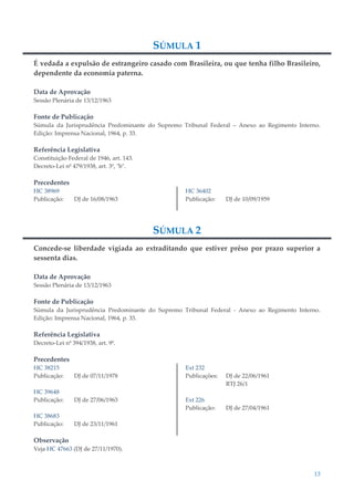 13
SÚMULA 1
É vedada a expulsão de estrangeiro casado com Brasileira, ou que tenha filho Brasileiro,
dependente da economia paterna.
Data de Aprovação
Sessão Plenária de 13/12/1963
Fonte de Publicação
Súmula da Jurisprudência Predominante do Supremo Tribunal Federal – Anexo ao Regimento Interno.
Edição: Imprensa Nacional, 1964, p. 33.
Referência Legislativa
Constituição Federal de 1946, art. 143.
Decreto-Lei nº 479/1938, art. 3º, "b".
Precedentes
HC 38969
Publicação: DJ de 16/08/1963
HC 36402
Publicação: DJ de 10/09/1959
SÚMULA 2
Concede-se liberdade vigiada ao extraditando que estiver prêso por prazo superior a
sessenta dias.
Data de Aprovação
Sessão Plenária de 13/12/1963
Fonte de Publicação
Súmula da Jurisprudência Predominante do Supremo Tribunal Federal - Anexo ao Regimento Interno.
Edição: Imprensa Nacional, 1964, p. 33.
Referência Legislativa
Decreto-Lei nº 394/1938, art. 9º.
Precedentes
HC 38215
Publicação: DJ de 07/11/1978
HC 39648
Publicação: DJ de 27/06/1963
HC 38683
Publicação: DJ de 23/11/1961
Ext 232
Publicações: DJ de 22/06/1961
RTJ 26/1
Ext 226
Publicação: DJ de 27/04/1961
Observação
Veja HC 47663 (DJ de 27/11/1970).
 