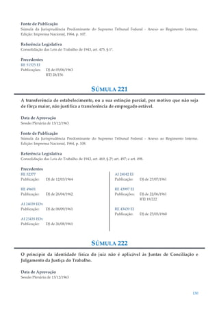 130
Fonte de Publicação
Súmula da Jurisprudência Predominante do Supremo Tribunal Federal - Anexo ao Regimento Interno.
Edição: Imprensa Nacional, 1964, p. 107.
Referência Legislativa
Consolidação das Leis do Trabalho de 1943, art. 475, § 1º.
Precedentes
RE 51525 EI
Publicações: DJ de 05/06/1963
RTJ 28/156
SÚMULA 221
A transferência de estabelecimento, ou a sua extinção parcial, por motivo que não seja
de fôrça maior, não justifica a transferência de empregado estável.
Data de Aprovação
Sessão Plenária de 13/12/1963
Fonte de Publicação
Súmula da Jurisprudência Predominante do Supremo Tribunal Federal - Anexo ao Regimento Interno.
Edição: Imprensa Nacional, 1964, p. 108.
Referência Legislativa
Consolidação das Leis do Trabalho de 1943, art. 469, § 2º; art. 497; e art. 498.
Precedentes
RE 52377
Publicação: DJ de 12/03/1964
RE 49601
Publicação: DJ de 26/04/1962
AI 24039 EDv
Publicação: DJ de 08/09/1961
AI 23435 EDv
Publicação: DJ de 26/08/1961
AI 24042 EI
Publicação: DJ de 27/07/1961
RE 43997 EI
Publicações: DJ de 22/06/1961
RTJ 18/222
RE 43439 EI
Publicação: DJ de 25/05/1960
SÚMULA 222
O princípio da identidade física do juiz não é aplicável às Juntas de Conciliação e
Julgamento da Justiça do Trabalho.
Data de Aprovação
Sessão Plenária de 13/12/1963
 