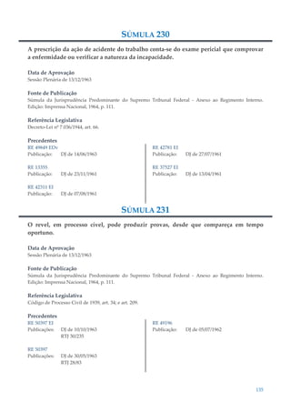 135
SÚMULA 230
A prescrição da ação de acidente do trabalho conta-se do exame pericial que comprovar
a enfermidade ou verificar a natureza da incapacidade.
Data de Aprovação
Sessão Plenária de 13/12/1963
Fonte de Publicação
Súmula da Jurisprudência Predominante do Supremo Tribunal Federal - Anexo ao Regimento Interno.
Edição: Imprensa Nacional, 1964, p. 111.
Referência Legislativa
Decreto-Lei nº 7.036/1944, art. 66.
Precedentes
RE 49849 EDv
Publicação: DJ de 14/06/1963
RE 13355
Publicação: DJ de 23/11/1961
RE 42311 EI
Publicação: DJ de 07/08/1961
RE 42781 EI
Publicação: DJ de 27/07/1961
RE 37527 EI
Publicação: DJ de 13/04/1961
SÚMULA 231
O revel, em processo cível, pode produzir provas, desde que compareça em tempo
oportuno.
Data de Aprovação
Sessão Plenária de 13/12/1963
Fonte de Publicação
Súmula da Jurisprudência Predominante do Supremo Tribunal Federal - Anexo ao Regimento Interno.
Edição: Imprensa Nacional, 1964, p. 111.
Referência Legislativa
Código de Processo Civil de 1939, art. 34; e art. 209.
Precedentes
RE 50397 EI
Publicações: DJ de 10/10/1963
RTJ 30/235
RE 50397
Publicações: DJ de 30/05/1963
RTJ 28/83
RE 49196
Publicação: DJ de 05/07/1962
 