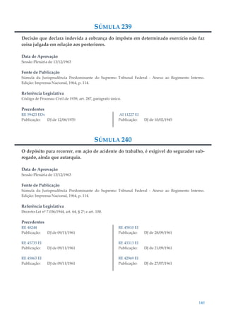 140
SÚMULA 239
Decisão que declara indevida a cobrança do impôsto em determinado exercício não faz
coisa julgada em relação aos posteriores.
Data de Aprovação
Sessão Plenária de 13/12/1963
Fonte de Publicação
Súmula da Jurisprudência Predominante do Supremo Tribunal Federal - Anexo ao Regimento Interno.
Edição: Imprensa Nacional, 1964, p. 114.
Referência Legislativa
Código de Processo Civil de 1939, art. 287, parágrafo único.
Precedentes
RE 59423 EDv
Publicação: DJ de 12/06/1970
AI 11227 EI
Publicação: DJ de 10/02/1945
SÚMULA 240
O depósito para recorrer, em ação de acidente do trabalho, é exigível do segurador sub-
rogado, ainda que autarquia.
Data de Aprovação
Sessão Plenária de 13/12/1963
Fonte de Publicação
Súmula da Jurisprudência Predominante do Supremo Tribunal Federal - Anexo ao Regimento Interno.
Edição: Imprensa Nacional, 1964, p. 114.
Referência Legislativa
Decreto-Lei nº 7.036/1944, art. 64, § 2º; e art. 100.
Precedentes
RE 48244
Publicação: DJ de 09/11/1961
RE 45733 EI
Publicação: DJ de 09/11/1961
RE 45863 EI
Publicação: DJ de 09/11/1961
RE 45810 EI
Publicação: DJ de 28/09/1961
RE 43313 EI
Publicação: DJ de 21/09/1961
RE 42969 EI
Publicação: DJ de 27/07/1961
 