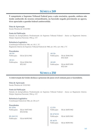 145
SÚMULA 249
É competente o Supremo Tribunal Federal para a ação rescisória, quando, embora não
tendo conhecido do recurso extraordinário, ou havendo negado provimento ao agravo,
tiver apreciado a questão federal controvertida.
Data de Aprovação
Sessão Plenária de 13/12/1963
Fonte de Publicação
Súmula da Jurisprudência Predominante do Supremo Tribunal Federal - Anexo ao Regimento Interno.
Edição: Imprensa Nacional, 1964, p. 117.
Referência Legislativa
Constituição Federal de 1946, art. 101, I, "k".
Regimento Interno do Supremo Tribunal Federal de 1940, art. 193; e art. 194, I, "b".
Precedentes
AR 554
Publicação: DJ de 22/11/1962
AR 411
Publicações: DJ de 29/06/1961
RTJ 18/3
AR 526
Publicações: DJ de 29/06/1961
RTJ 18/29
AR 490
Publicações: DJ de 09/07/1959
RTJ 10/8
SÚMULA 250
A intervenção da União desloca o processo do juízo cível comum para o fazendário.
Data de Aprovação
Sessão Plenária de 13/12/1963
Fonte de Publicação
Súmula da Jurisprudência Predominante do Supremo Tribunal Federal - Anexo ao Regimento Interno.
Edição: Imprensa Nacional, 1964, p. 117.
Referência Legislativa
Constituição Federal de 1946, art. 201, § 1º.
Precedentes
RE 52594
Publicações: DJ de 19/07/1963
RTJ 29/326
RE 43413 EI
Publicação: DJ de 06/09/1962
CJ 2701
Publicação: DJ de 24/05/1962
RE 47749 EI
Publicação: DJ de 24/05/1962
RE 46379
Publicação: DJ de 08/09/1961
 