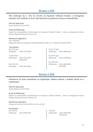 147
SÚMULA 253
Nos embargos da L. 623, de 19.2.49, no Supremo Tribunal Federal, a divergência
somente será acolhida, se tiver sido indicada na petição de recurso extraordinário.
Data de Aprovação
Sessão Plenária de 13/12/1963
Fonte de Publicação
Súmula da Jurisprudência Predominante do Supremo Tribunal Federal - Anexo ao Regimento Interno.
Edição: Imprensa Nacional, 1964, p. 118.
Referência Legislativa
Lei nº 623/1949.
Regimento Interno do Supremo Tribunal Federal de 1940, art. 2º, Título III, Capítulo XII-A.
Precedentes
RE 37142 EDv
Publicação: DJ de 17/12/1963
AI 29377 EDv
Publicações: DJ de 17/12/1963
RTJ 31/399
RE 45165 EDv
Publicação: DJ de 06/12/1962
RE 47110 AgR
Publicação: DJ de 20/09/1962
RE 47787 AgR
Publicação: DJ de 13/09/1962
RE 34055 EDv
Publicações: DJ de 06/09/1962
RTJ 5/202
SÚMULA 254
Incluem-se os juros moratórios na liquidação, embora omisso o pedido inicial ou a
condenação.
Data de Aprovação
Sessão Plenária de 13/12/1963
Fonte de Publicação
Súmula da Jurisprudência Predominante do Supremo Tribunal Federal - Anexo ao Regimento Interno.
Edição: Imprensa Nacional, 1964, p. 119.
Referência Legislativa
Código de Processo Civil de 1939, art. 154; e art. 891.
Precedentes
RE 31229 EI
Publicação: DJ de 25/07/1963
AI 25679
Publicações: DJ de 26/04/1962
RTJ 22/156
 