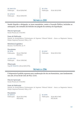 148
RE 38465 EDv
Publicação: DJ de 02/04/1962
RE 14768 EI
Publicação: DJ de 23/04/1953
RE 13526
Publicação: DJ de 28/12/1950
SÚMULA 255
Sendo ilíquida a obrigação, os juros moratórios, contra a Fazenda Pública, incluídas as
autarquias, são contados do trânsito em julgado da sentença de liquidação.
Data de Aprovação
Sessão Plenária de 13/12/1963
Fonte de Publicação
Súmula da Jurisprudência Predominante do Supremo Tribunal Federal - Anexo ao Regimento Interno.
Edição: Imprensa Nacional, 1964, p. 119.
Referência Legislativa
Decreto nº 22.785/1933, art. 3º.
Precedentes
RE 50788
Publicações: DJ de 27/06/1963
RTJ 29/14
AI 25251 EDv
Publicação: DJ de 13/09/1962
RE 42247
Publicação: DJ de 09/11/1961
Observação
Veja RE 74244 EDv (DJ de 02/01/1974).
SÚMULA 256
É dispensável pedido expresso para condenação do réu em honorários, com fundamento
nos arts. 63 ou 64 do Cód. de Proc. Civil.
Data de Aprovação
Sessão Plenária de 13/12/1963
Fonte de Publicação
Súmula da Jurisprudência Predominante do Supremo Tribunal Federal - Anexo ao Regimento Interno.
Edição: Imprensa Nacional, 1964, p. 119.
Precedentes
RE 48899 EI
Publicações: DJ de 29/11/1962
RTJ 24/332
RE 50390
Publicações: DJ de 08/11/1962
RTJ 24/109
 