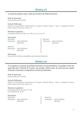 15
SÚMULA 5
A sanção do projeto supre a falta de iniciativa do Poder Executivo.
Data de Aprovação
Sessão Plenária de 13/12/1963
Fonte de Publicação
Súmula da Jurisprudência Predominante do Supremo Tribunal Federal - Anexo ao Regimento Interno.
Edição: Imprensa Nacional, 1964, p. 34.
Referência Legislativa
Constituição Federal de 1946, art. 7º, VII, "b"; art. 67; e art. 70.
Precedentes
RMS 10806
Publicações: DJ de 18/04/1963
RTJ 27/158
RMS 9628
Publicações: DJ de 20/03/1963
RTJ 26/352
RMS 9619
Publicações: DJ de 18/10/1962
RTJ 23/117
Observação
Veja ADI 1381 MC (DJ de 06/06/2003) e Rp 890 (DJ de 07/06/1974).
SÚMULA 6
A revogação ou anulação, pelo Poder Executivo, de aposentadoria, ou qualquer outro ato
aprovado pelo Tribunal de Contas, não produz efeitos antes de aprovada por aquêle
Tribunal, ressalvada a competência revisora do Judiciário.
Data de Aprovação
Sessão Plenária de 13/12/1963
Fonte de Publicação
Súmula da Jurisprudência Predominante do Supremo Tribunal Federal - Anexo ao Regimento Interno.
Edição: Imprensa Nacional, 1964, p. 34.
Referência Legislativa
Constituição Federal de 1946, art. 77, III.
Lei nº 830/1949, art. 34, III.
Precedentes
RMS 10454
Publicações: DJ de 18/04/1963
RTJ 26/281
RMS 8610
Publicações: DJ de 17/04/1962
RTJ 22/91
 