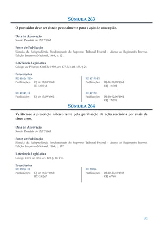 152
SÚMULA 263
O possuidor deve ser citado pessoalmente para a ação de usucapião.
Data de Aprovação
Sessão Plenária de 13/12/1963
Fonte de Publicação
Súmula da Jurisprudência Predominante do Supremo Tribunal Federal - Anexo ao Regimento Interno.
Edição: Imprensa Nacional, 1964, p. 121.
Referência Legislativa
Código de Processo Civil de 1939, art. 177, I; e art. 455, § 2º.
Precedentes
RE 41824 EDv
Publicações: DJ de 17/10/1963
RTJ 30/342
RE 47448 EI
Publicação: DJ de 13/09/1962
RE 47130 EI
Publicações: DJ de 08/09/1961
RTJ 19/304
RE 47130
Publicações: DJ de 02/06/1961
RTJ 17/291
SÚMULA 264
Verifica-se a prescrição intercorrente pela paralisação da ação rescisória por mais de
cinco anos.
Data de Aprovação
Sessão Plenária de 13/12/1963
Fonte de Publicação
Súmula da Jurisprudência Predominante do Supremo Tribunal Federal - Anexo ao Regimento Interno.
Edição: Imprensa Nacional, 1964, p. 122.
Referência Legislativa
Código Civil de 1916, art. 178, § 10, VIII.
Precedentes
RE 37016 EI
Publicações: DJ de 19/07/1963
RTJ 29/267
RE 37016
Publicações: DJ de 23/10/1958
RTJ 6/769
 