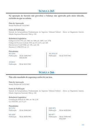 153
SÚMULA 265
Na apuração de haveres não prevalece o balanço não aprovado pelo sócio falecido,
excluído ou que se retirou.
Data de Aprovação
Sessão Plenária de 13/12/1963
Fonte de Publicação
Súmula da Jurisprudência Predominante do Supremo Tribunal Federal - Anexo ao Regimento Interno.
Edição: Imprensa Nacional, 1964, p. 122.
Referência Legislativa
Código Civil de 1916, art. 1402; art. 1406; art. 1409; e art. 1774.
Código de Processo Civil de 1939, art. 471, § 4º; e art. 668.
Decreto-Lei nº 2.627/1940, art. 135; e art. 136.
Decreto nº 3.708/1919, art. 15.
Precedentes
RE 52569
Publicações: DJ de 14/06/1963
RTJ 28/238
AI 24812
Publicação: DJ de 30/11/1961
RE 29331 EI
Publicação: DJ de 27/07/1961
SÚMULA 266
Não cabe mandado de segurança contra lei em tese.
Data de Aprovação
Sessão Plenária de 13/12/1963
Fonte de Publicação
Súmula da Jurisprudência Predominante do Supremo Tribunal Federal - Anexo ao Regimento Interno.
Edição: Imprensa Nacional, 1964, p. 122.
Referência Legislativa
Constituição Federal de 1946, art. 141, § 24.
Lei 1533/1951, art. 1º, § 1º.
Precedentes
RE 51351
Publicação: DJ de 29/08/1963
MS 10287
Publicação: DJ de 30/05/1963
RMS 9973
Publicação: DJ de 06/09/1962
MS 9077
Publicações: DJ de 23/08/1962
RTJ 25/87
 