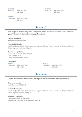 16
RMS 9225
Publicações: DJ de 30/11/1961
RTJ 20/98
RMS 8657
Publicações: DJ de 09/11/1961
RTJ 20/69
RMS 9076
Publicações: DJ de 09/11/1961
RTJ 20/85
SÚMULA 7
Sem prejuízo de recurso para o Congresso, não é exeqüível contrato administrativo a
que o Tribunal de Contas houver negado registro.
Data de Aprovação
Sessão Plenária de 13/12/1963
Fonte de Publicação
Súmula da Jurisprudência Predominante do Supremo Tribunal Federal - Anexo ao Regimento Interno.
Edição: Imprensa Nacional, 1964, p. 35.
Referência Legislativa
Constituição Federal de 1946, art. 77, III.
Lei nº 830/1949, art. 35.
Código de Contabilidade, art. 54, "i".
Precedentes
MS 8632
Publicações: DJ de 06/12/1963
RTJ 31/250
MS 4791
Publicações: DJ de 21/11/1957
RTJ 3/489
SÚMULA 8
Diretor de sociedade de economia mista pode ser destituído no curso do mandato.
Data de Aprovação
Sessão Plenária de 13/12/1963
Fonte de Publicação
Súmula da Jurisprudência Predominante do Supremo Tribunal Federal - Anexo ao Regimento Interno.
Edição: Imprensa Nacional, 1964, p. 35.
Referência Legislativa
Constituição Federal de 1946, art. 87, V.
Decreto-Lei nº 2.627/1940, art. 87, parágrafo único, "a".
 