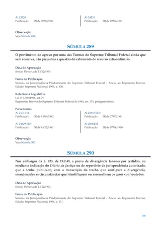 166
AI 23320
Publicação: DJ de 02/09/1961
AI 24531
Publicação: DJ de 02/06/1961
Observação
Veja Súmula 639.
SÚMULA 289
O provimento do agravo por uma das Turmas do Supremo Tribunal Federal ainda que
sem ressalva, não prejudica a questão do cabimento do recurso extraordinário.
Data de Aprovação
Sessão Plenária de 13/12/1963
Fonte de Publicação
Súmula da Jurisprudência Predominante do Supremo Tribunal Federal - Anexo ao Regimento Interno.
Edição: Imprensa Nacional, 1964, p. 130.
Referência Legislativa
Lei nº 3.396/1958, art. 7º.
Regimento Interno do Supremo Tribunal Federal de 1940, art. 174, parágrafo único.
Precedentes
AI 21713 EI
Publicação: DJ de 13/09/1962
AI 24829 EDv
Publicação: DJ de 14/12/1961
AI 21810 EDv
Publicação: DJ de 27/07/1961
AI 20084 EI
Publicação: DJ de 07/04/1960
Observação
Veja Súmula 300.
SÚMULA 290
Nos embargos da L. 623, de 19.2.49, a prova de divergência far-se-á por certidão, ou
mediante indicação do Diário da Justiça ou de repertório de jurisprudência autorizado,
que a tenha publicado, com a transcrição do trecho que configure a divergência,
mencionadas as circunstâncias que identifiquem ou assemelhem os casos confrontados.
Data de Aprovação
Sessão Plenária de 13/12/1963
Fonte de Publicação
Súmula da Jurisprudência Predominante do Supremo Tribunal Federal - Anexo ao Regimento Interno.
Edição: Imprensa Nacional, 1964, p. 131.
 