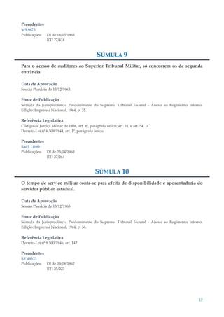 17
Precedentes
MS 8675
Publicações: DJ de 16/05/1963
RTJ 27/418
SÚMULA 9
Para o acesso de auditores ao Superior Tribunal Militar, só concorrem os de segunda
entrância.
Data de Aprovação
Sessão Plenária de 13/12/1963
Fonte de Publicação
Súmula da Jurisprudência Predominante do Supremo Tribunal Federal - Anexo ao Regimento Interno.
Edição: Imprensa Nacional, 1964, p. 35.
Referência Legislativa
Código de Justiça Militar de 1938, art. 8º, parágrafo único; art. 31; e art. 54, "a".
Decreto-Lei nº 6.509/1944, art. 1º, parágrafo único.
Precedentes
RMS 11089
Publicações: DJ de 25/04/1963
RTJ 27/264
SÚMULA 10
O tempo de serviço militar conta-se para efeito de disponibilidade e aposentadoria do
servidor público estadual.
Data de Aprovação
Sessão Plenária de 13/12/1963
Fonte de Publicação
Súmula da Jurisprudência Predominante do Supremo Tribunal Federal - Anexo ao Regimento Interno.
Edição: Imprensa Nacional, 1964, p. 36.
Referência Legislativa
Decreto-Lei nº 9.500/1946, art. 142.
Precedentes
RE 49333
Publicações: DJ de 09/08/1962
RTJ 25/223
 