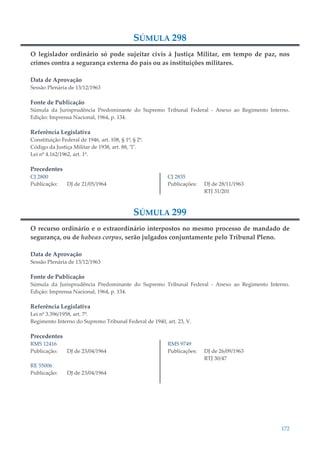 172
SÚMULA 298
O legislador ordinário só pode sujeitar civis à Justiça Militar, em tempo de paz, nos
crimes contra a segurança externa do país ou as instituições militares.
Data de Aprovação
Sessão Plenária de 13/12/1963
Fonte de Publicação
Súmula da Jurisprudência Predominante do Supremo Tribunal Federal - Anexo ao Regimento Interno.
Edição: Imprensa Nacional, 1964, p. 134.
Referência Legislativa
Constituição Federal de 1946, art. 108, § 1º, § 2º.
Código da Justiça Militar de 1938, art. 88, "l".
Lei nº 4.162/1962, art. 1º.
Precedentes
CJ 2800
Publicação: DJ de 21/05/1964
CJ 2835
Publicações: DJ de 28/11/1963
RTJ 31/201
SÚMULA 299
O recurso ordinário e o extraordinário interpostos no mesmo processo de mandado de
segurança, ou de habeas corpus, serão julgados conjuntamente pelo Tribunal Pleno.
Data de Aprovação
Sessão Plenária de 13/12/1963
Fonte de Publicação
Súmula da Jurisprudência Predominante do Supremo Tribunal Federal - Anexo ao Regimento Interno.
Edição: Imprensa Nacional, 1964, p. 134.
Referência Legislativa
Lei nº 3.396/1958, art. 7º.
Regimento Interno do Supremo Tribunal Federal de 1940, art. 23, V.
Precedentes
RMS 12416
Publicação: DJ de 23/04/1964
RE 55006
Publicação: DJ de 23/04/1964
RMS 9749
Publicações: DJ de 26/09/1963
RTJ 30/47
 