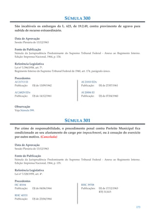 173
SÚMULA 300
São incabíveis os embargos da L. 623, de 19.2.49, contra provimento de agravo para
subida de recurso extraordinário.
Data de Aprovação
Sessão Plenária de 13/12/1963
Fonte de Publicação
Súmula da Jurisprudência Predominante do Supremo Tribunal Federal - Anexo ao Regimento Interno.
Edição: Imprensa Nacional, 1964, p. 134.
Referência Legislativa
Lei nº 3.396/1958, art. 7º.
Regimento Interno do Supremo Tribunal Federal de 1940, art. 174, parágrafo único.
Precedentes
AI 21713 EI
Publicação: DJ de 13/09/1962
AI 24829 EDv
Publicação: DJ de 14/12/1961
AI 21810 EDv
Publicação: DJ de 27/07/1961
AI 20084 EI
Publicação: DJ de 07/04/1960
Observação
Veja Súmula 599.
SÚMULA 301
Por crime de responsabilidade, o procedimento penal contra Prefeito Municipal fica
condicionado ao seu afastamento do cargo por impeachment, ou à cessação do exercício
por outro motivo. (Cancelada)
Data de Aprovação
Sessão Plenária de 13/12/1963
Fonte de Publicação
Súmula da Jurisprudência Predominante do Supremo Tribunal Federal - Anexo ao Regimento Interno.
Edição: Imprensa Nacional, 1964, p. 135.
Referência Legislativa
Lei nº 3.528/1959, art. 4º.
Precedentes
HC 40184
Publicação: DJ de 04/06/1964
RHC 40331
Publicação: DJ de 23/04/1964
RHC 39708
Publicações: DJ de 17/12/1963
RTJ 31/415
 