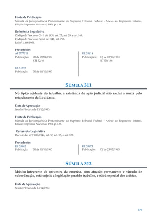 179
Fonte de Publicação
Súmula da Jurisprudência Predominante do Supremo Tribunal Federal - Anexo ao Regimento Interno.
Edição: Imprensa Nacional, 1964, p. 138.
Referência Legislativa
Código de Processo Civil de 1939, art. 27; art. 28; e art. 168.
Código de Processo Penal de 1941, art. 798.
Lei nº 1.408/1951.
Precedentes
AI 27777 EI
Publicações: DJ de 09/04/1964
RTJ 32/46
RE 51859
Publicação: DJ de 10/10/1963
RE 53614
Publicações: DJ de 03/10/1963
RTJ 30/186
SÚMULA 311
No típico acidente do trabalho, a existência de ação judicial não exclui a multa pelo
retardamento da liquidação.
Data de Aprovação
Sessão Plenária de 13/12/1963
Fonte de Publicação
Súmula da Jurisprudência Predominante do Supremo Tribunal Federal – Anexo ao Regimento Interno.
Edição: Imprensa Nacional, 1964, p. 139.
Referência Legislativa
Decreto-Lei nº 7.036/1944, art. 52; art. 55; e art. 102.
Precedentes
RE 53862
Publicação: DJ de 03/10/1963
RE 53673
Publicação: DJ de 25/07/1963
SÚMULA 312
Músico integrante de orquestra da emprêsa, com atuação permanente e vínculo de
subordinação, está sujeito a legislação geral do trabalho, e não à especial dos artistas.
Data de Aprovação
Sessão Plenária de 13/12/1963
 