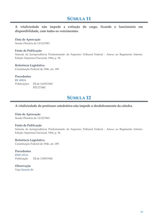 18
SÚMULA 11
A vitaliciedade não impede a extinção do cargo, ficando o funcionário em
disponibilidade, com todos os vencimentos.
Data de Aprovação
Sessão Plenária de 13/12/1963
Fonte de Publicação
Súmula da Jurisprudência Predominante do Supremo Tribunal Federal - Anexo ao Regimento Interno.
Edição: Imprensa Nacional, 1964, p. 36.
Referência Legislativa
Constituição Federal de 1946, art. 189.
Precedentes
RE 49824
Publicações: DJ de 16/05/1963
RTJ 27/482
SÚMULA 12
A vitaliciedade do professor catedrático não impede o desdobramento da cátedra.
Data de Aprovação
Sessão Plenária de 13/12/1963
Fonte de Publicação
Súmula da Jurisprudência Predominante do Supremo Tribunal Federal - Anexo ao Regimento Interno.
Edição: Imprensa Nacional, 1964, p. 36.
Referência Legislativa
Constituição Federal de 1946, art. 189.
Precedentes
RMS 10116
Publicação: DJ de 13/09/1962
Observação
Veja Súmula 46.
 