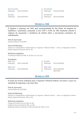 183
RE 51176 EI-ED
Publicação: DJ de 03/10/1963
RE 50448
Publicação: DJ de 06/03/1963
RE 51007 ED
Publicação: DJ de 06/12/1962
RE 50525 ED
Publicação: DJ de 06/12/1962
SÚMULA 318
É legítima a cobrança, em 1962, pela municipalidade de São Paulo, do impôsto de
indústrias e profissões, consoante as leis 5.917 e 5.919, de 1961 (aumento anterior à
vigência do orçamento e incidência do tributo sôbre o movimento econômico do
contribuinte).
Data de Aprovação
Sessão Plenária de 13/12/1963
Fonte de Publicação
Súmula da Jurisprudência Predominante do Supremo Tribunal Federal - Anexo ao Regimento Interno.
Edição: Imprensa Nacional, 1964, p. 141.
Referência Legislativa
Constituição Federal de 1946, art. 29, III; e art. 141, § 34.
Precedentes
RMS 12518
Publicação: DJ de 17/04/1964
RMS 11126
Publicação: DJ de 22/08/1963
RE 52618
Publicação: DJ de 01/08/1963
RMS 11099
Publicações: DJ de 25/04/1963
RTJ 27/270
SÚMULA 319
O prazo do recurso ordinário para o Supremo Tribunal Federal, em habeas corpus ou
mandado de segurança, é de cinco dias.
Data de Aprovação
Sessão Plenária de 13/12/1963
Fonte de Publicação
Súmula da Jurisprudência Predominante do Supremo Tribunal Federal - Anexo ao Regimento Interno.
Edição: Imprensa Nacional, 1964, p. 142.
Referência Legislativa
Código de Processo Civil de 1939, art. 841.
Código de Processo Penal de 1941, art. 586.
Regimento Interno do Supremo Tribunal Federal de 1940, art. 142.
 