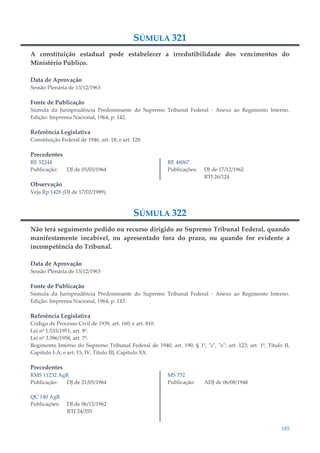 185
SÚMULA 321
A constituição estadual pode estabelecer a irredutibilidade dos vencimentos do
Ministério Público.
Data de Aprovação
Sessão Plenária de 13/12/1963
Fonte de Publicação
Súmula da Jurisprudência Predominante do Supremo Tribunal Federal - Anexo ao Regimento Interno.
Edição: Imprensa Nacional, 1964, p. 142.
Referência Legislativa
Constituição Federal de 1946, art. 18; e art. 128.
Precedentes
RE 52244
Publicação: DJ de 05/03/1964
RE 48067
Publicações: DJ de 17/12/1962
RTJ 26/124
Observação
Veja Rp 1428 (DJ de 17/02/1989).
SÚMULA 322
Não terá seguimento pedido ou recurso dirigido ao Supremo Tribunal Federal, quando
manifestamente incabível, ou apresentado fora do prazo, ou quando for evidente a
incompetência do Tribunal.
Data de Aprovação
Sessão Plenária de 13/12/1963
Fonte de Publicação
Súmula da Jurisprudência Predominante do Supremo Tribunal Federal - Anexo ao Regimento Interno.
Edição: Imprensa Nacional, 1964, p. 143.
Referência Legislativa
Código de Processo Civil de 1939, art. 160; e art. 810.
Lei nº 1.533/1951, art. 8º.
Lei nº 3.396/1958, art. 7º.
Regimento Interno do Supremo Tribunal Federal de 1940, art. 190, § 1º, "c", "e"; art. 123; art. 1º, Título II,
Capítulo I-A; e art. 15, IV, Título III, Capítulo XX.
Precedentes
RMS 11232 AgR
Publicação: DJ de 21/05/1964
QC 140 AgR
Publicações: DJ de 06/12/1962
RTJ 24/355
MS 752
Publicação: ADJ de 06/08/1948
 