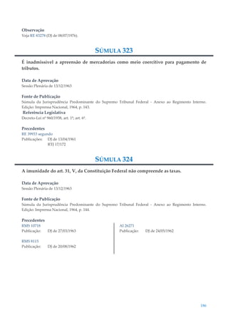 186
Observação
Veja RE 83278 (DJ de 08/07/1976).
SÚMULA 323
É inadmissível a apreensão de mercadorias como meio coercitivo para pagamento de
tributos.
Data de Aprovação
Sessão Plenária de 13/12/1963
Fonte de Publicação
Súmula da Jurisprudência Predominante do Supremo Tribunal Federal - Anexo ao Regimento Interno.
Edição: Imprensa Nacional, 1964, p. 143.
Referência Legislativa
Decreto-Lei nº 960/1938, art. 1º; art. 6º.
Precedentes
RE 39933 segundo
Publicações: DJ de 13/04/1961
RTJ 17/172
SÚMULA 324
A imunidade do art. 31, V, da Constituição Federal não compreende as taxas.
Data de Aprovação
Sessão Plenária de 13/12/1963
Fonte de Publicação
Súmula da Jurisprudência Predominante do Supremo Tribunal Federal - Anexo ao Regimento Interno.
Edição: Imprensa Nacional, 1964, p. 144.
Precedentes
RMS 10718
Publicação: DJ de 27/03/1963
RMS 8115
Publicação: DJ de 20/08/1962
AI 26271
Publicação: DJ de 24/05/1962
 