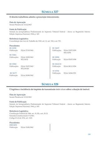 188
SÚMULA 327
O direito trabalhista admite a prescrição intercorrente.
Data de Aprovação
Sessão Plenária de 13/12/1963
Fonte de Publicação
Súmula da Jurisprudência Predominante do Supremo Tribunal Federal - Anexo ao Regimento Interno.
Edição: Imprensa Nacional, 1964, p. 145.
Referência Legislativa
Consolidação das Leis do Trabalho de 1943, art. 11; art. 765; e art. 791.
Precedentes
RE 30390
Publicação: DJ de 27/10/1965
RE 53881
Publicações: DJ de 19/09/1963
RTJ 30/32
RE 52902
Publicações: DJ de 19/07/1963
RTJ 29/329
RE 50177
Publicação: DJ de 20/08/1962
RE 32697
Publicações: DJ de 23/07/1959
RTJ 10/94
RE 30990
Publicação: DJ de 05/07/1958
RE 22632 EI
Publicação: DJ de 08/11/1956
AI 14744
Publicação: DJ de 14/06/1951
SÚMULA 328
É legítima a incidência do impôsto de transmissão inter vivos sôbre a doação de imóvel.
Data de Aprovação
Sessão Plenária de 13/12/1963
Fonte de Publicação
Súmula da Jurisprudência Predominante do Supremo Tribunal Federal - Anexo ao Regimento Interno.
Edição: Imprensa Nacional, 1964, p. 145.
Referência Legislativa
Constituição Federal de 1946, art. 19, III; e art. 29, II.
Emenda Constitucional nº 5/1961.
Código Civil de 1916, art. 1165.
Precedentes
RMS 8259
Publicação: DJ de 15/06/1962
 