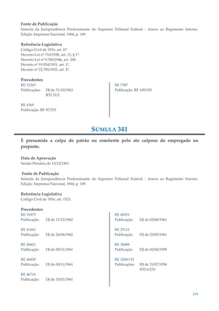195
Fonte de Publicação
Súmula da Jurisprudência Predominante do Supremo Tribunal Federal - Anexo ao Regimento Interno.
Edição: Imprensa Nacional, 1964, p. 149.
Referência Legislativa
Código Civil de 1916, art. 67.
Decreto-Lei nº 710/1938, art. 12, § 1º.
Decreto-Lei nº 9.760/1946, art. 200.
Decreto nº 19.924/1931, art. 1º.
Decreto nº 22.785/1933, art. 2º.
Precedentes
RE 51265
Publicações: DJ de 31/10/1963
RTJ 31/2
RE 4369
Publicação: RF 97/353
RE 7387
Publicação: RF 109/105
SÚMULA 341
É presumida a culpa do patrão ou comitente pelo ato culposo do empregado ou
preposto.
Data de Aprovação
Sessão Plenária de 13/12/1963
Fonte de Publicação
Súmula da Jurisprudência Predominante do Supremo Tribunal Federal - Anexo ao Regimento Interno.
Edição: Imprensa Nacional, 1964, p. 149.
Referência Legislativa
Código Civil de 1916, art. 1523.
Precedentes
RE 51875
Publicação: DJ de 17/12/1962
RE 41661
Publicação: DJ de 26/04/1962
RE 48421
Publicação: DJ de 09/11/1961
RE 48458
Publicação: DJ de 09/11/1961
RE 46716
Publicação: DJ de 25/01/1961
RE 46921
Publicação: DJ de 02/06/1961
RE 25111
Publicação: DJ de 25/05/1961
RE 38488
Publicação: DJ de 02/04/1959
RE 32043 EI
Publicações: DJ de 31/07/1958
RTJ 6/233
 