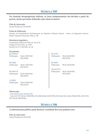 198
SÚMULA 345
Na chamada desapropriação indireta, os juros compensatórios são devidos a partir da
perícia, desde que tenha atribuído valor atual ao imóvel.
Data de Aprovação
Sessão Plenária de 13/12/1963
Fonte de Publicação
Súmula da Jurisprudência Predominante do Supremo Tribunal Federal - Anexo ao Regimento Interno.
Edição: Imprensa Nacional, 1964, p. 150.
Referência Legislativa
Constituição Federal de 1946, art. 141, § 16.
Código Civil de 1916, art. 1059.
Decreto-Lei nº 3.365/1941, art. 26.
Precedentes
RE 47009 EI
Publicações: DJ de 25/07/1963
RTJ 29/385
RE 52086
Publicações: DJ de 11/07/1963
RTJ 29/217
RE 48597 EI
Publicações: DJ de 20/06/1963
RTJ 28/274
AI 28202
Publicações: DJ de 03/04/1963
RTJ 27/105
RE 51375
Publicações: DJ de 06/03/1963
RTJ 26/335
RE 48597
Publicação: DJ de 18/10/1962
RE 46157 EI
Publicações: DJ de 18/10/1962
RTJ 23/293
Observação
- Veja Súmula 164 e Súmula 618.
- Veja ACO 297 (DJ de 13/09/1985), RE 48540 (DJ de 01/07/1970), RE 52441 EDv (DJ de 05/06/1970) e RE 47934
EDv (DJ de 30/05/1969).
SÚMULA 346
A administração pública pode declarar a nulidade dos seus próprios atos.
Data de Aprovação
Sessão Plenária de 13/12/1963
 