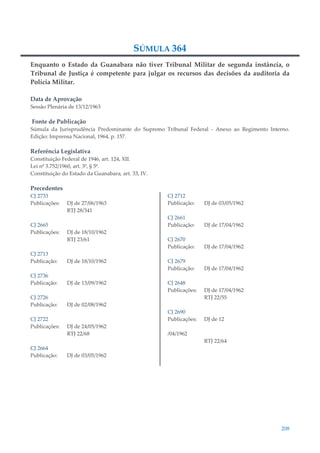 208
SÚMULA 364
Enquanto o Estado da Guanabara não tiver Tribunal Militar de segunda instância, o
Tribunal de Justiça é competente para julgar os recursos das decisões da auditoria da
Polícia Militar.
Data de Aprovação
Sessão Plenária de 13/12/1963
Fonte de Publicação
Súmula da Jurisprudência Predominante do Supremo Tribunal Federal - Anexo ao Regimento Interno.
Edição: Imprensa Nacional, 1964, p. 157.
Referência Legislativa
Constituição Federal de 1946, art. 124, XII.
Lei nº 3.752/1960, art. 3º, § 5º.
Constituição do Estado da Guanabara, art. 33, IV.
Precedentes
CJ 2733
Publicações: DJ de 27/06/1963
RTJ 28/341
CJ 2665
Publicações: DJ de 18/10/1962
RTJ 23/61
CJ 2713
Publicação: DJ de 18/10/1962
CJ 2736
Publicação: DJ de 13/09/1962
CJ 2726
Publicação: DJ de 02/08/1962
CJ 2722
Publicações: DJ de 24/05/1962
RTJ 22/68
CJ 2664
Publicação: DJ de 03/05/1962
CJ 2712
Publicação: DJ de 03/05/1962
CJ 2661
Publicação: DJ de 17/04/1962
CJ 2670
Publicação: DJ de 17/04/1962
CJ 2679
Publicação: DJ de 17/04/1962
CJ 2648
Publicações: DJ de 17/04/1962
RTJ 22/55
CJ 2690
Publicações: DJ de 12
/04/1962
RTJ 22/64
 
