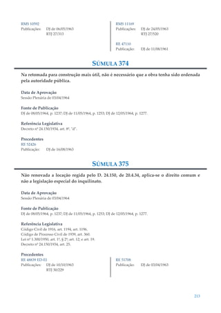 213
RMS 10592
Publicações: DJ de 06/05/1963
RTJ 27/313
RMS 11169
Publicações: DJ de 24/05/1963
RTJ 27/520
RE 47110
Publicação: DJ de 11/08/1961
SÚMULA 374
Na retomada para construção mais útil, não é necessário que a obra tenha sido ordenada
pela autoridade pública.
Data de Aprovação
Sessão Plenária de 03/04/1964
Fonte de Publicação
DJ de 08/05/1964, p. 1237; DJ de 11/05/1964, p. 1253; DJ de 12/05/1964, p. 1277.
Referência Legislativa
Decreto nº 24.150/1934, art. 8º, "d".
Precedentes
RE 52426
Publicação: DJ de 16/08/1963
SÚMULA 375
Não renovada a locação regida pelo D. 24.150, de 20.4.34, aplica-se o direito comum e
não a legislação especial do inquilinato.
Data de Aprovação
Sessão Plenária de 03/04/1964
Fonte de Publicação
DJ de 08/05/1964, p. 1237; DJ de 11/05/1964, p. 1253; DJ de 12/05/1964, p. 1277.
Referência Legislativa
Código Civil de 1916, art. 1194, art. 1196.
Código de Processo Civil de 1939, art. 360.
Lei nº 1.300/1950, art. 1º, § 2º; art. 12; e art. 19.
Decreto nº 24.150/1934, art. 25.
Precedentes
RE 48839 ED-EI
Publicações: DJ de 10/10/1963
RTJ 30/229
RE 51708
Publicação: DJ de 03/04/1963
 