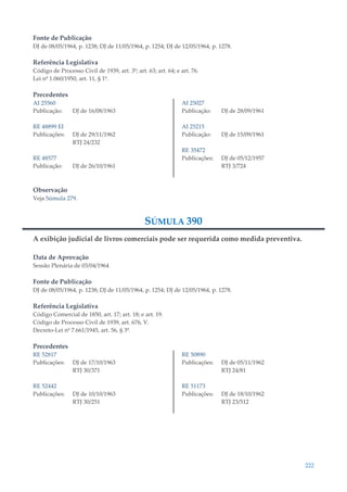 222
Fonte de Publicação
DJ de 08/05/1964, p. 1238; DJ de 11/05/1964, p. 1254; DJ de 12/05/1964, p. 1278.
Referência Legislativa
Código de Processo Civil de 1939, art. 3º; art. 63; art. 64; e art. 76.
Lei nº 1.060/1950, art. 11, § 1º.
Precedentes
AI 25560
Publicação: DJ de 16/08/1963
RE 48899 EI
Publicações: DJ de 29/11/1962
RTJ 24/232
RE 48577
Publicação: DJ de 26/10/1961
AI 25027
Publicação: DJ de 28/09/1961
AI 25215
Publicação: DJ de 15/09/1961
RE 35472
Publicações: DJ de 05/12/1957
RTJ 3/724
Observação
Veja Súmula 279.
SÚMULA 390
A exibição judicial de livros comerciais pode ser requerida como medida preventiva.
Data de Aprovação
Sessão Plenária de 03/04/1964
Fonte de Publicação
DJ de 08/05/1964, p. 1238; DJ de 11/05/1964, p. 1254; DJ de 12/05/1964, p. 1278.
Referência Legislativa
Código Comercial de 1850, art. 17; art. 18; e art. 19.
Código de Processo Civil de 1939, art. 676, V.
Decreto-Lei nº 7.661/1945, art. 56, § 3º.
Precedentes
RE 52817
Publicações: DJ de 17/10/1963
RTJ 30/371
RE 52442
Publicações: DJ de 10/10/1963
RTJ 30/251
RE 50890
Publicações: DJ de 05/11/1962
RTJ 24/81
RE 51173
Publicações: DJ de 18/10/1962
RTJ 23/512
 